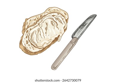 Vintage vector illustration of buttered bread slice with butter knife. Ideal for culinary design, recipe books, product packaging and cafe menus. Hand drawn in retro engraved style.