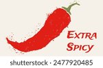 Vintage vector illustration of chilli pepper. Vector icon of red chili pepper in grunge style. Extra spicy.