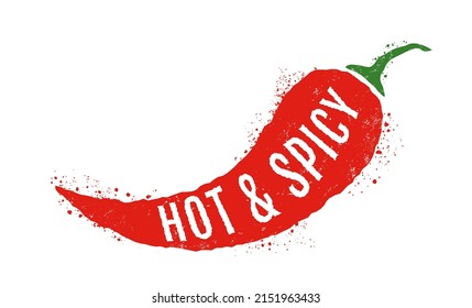 Vintage vector illustration of chilli pepper. Vector icon of red chili pepper in grunge style. Extra spicy.