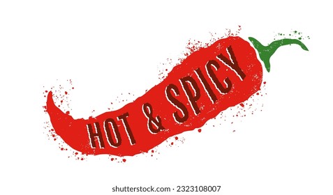 Vintage vector illustration of chilli pepper. Vector icon of red chili pepper in grunge style. Extra spicy.