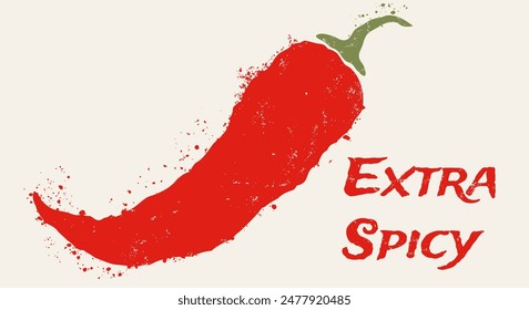 Vintage vector illustration of chilli pepper. Vector icon of red chili pepper in grunge style. Extra spicy.