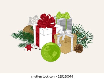 Vintage vector illustration. Christmas composition of gift boxes, balls and fir branches. Design element. Colorful.