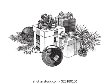  Ilustración vectorial vintage. Composición navideña de cajas de regalo, bolas y ramas de abetos. Elemento de diseño. Blanco y negro.