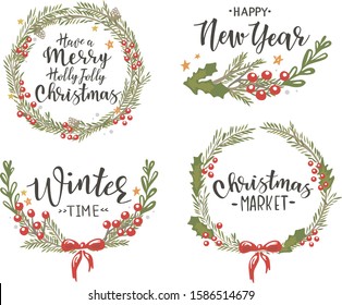 Vintage vector illustration of Christmas wreaths with lettering on a white background.