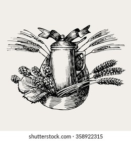 vintage vector illustration of classic beer mug with malt, hop and ribbon. hand drawing