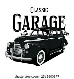 Vintage vector illustration of a classic black sedan from the 1940s in a retro garage setting with elegant and nostalgic details. classic car vector.