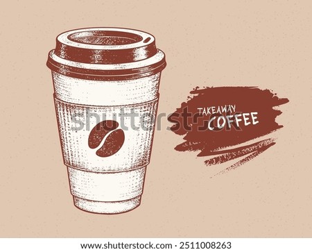 Vintage vector illustration of Coffee to go paper cup. Isolated on obsolete paper background with paint brush banner.