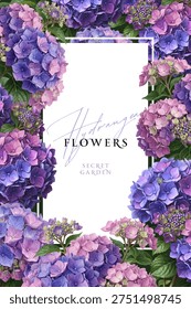 Vintage vector illustration with colorful hydrangea flowers on a changeable background. Floral design template for wedding invitation, greeting card, notebook cover, flyer or certificate.
