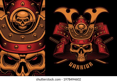 Vintage vector illustration of a colorful samurai skull with crossed katana swords, this design can be used as a t-shirt print.