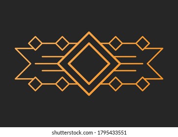 Vintage vector illustration, concept golden geometric figure line and design frame retro label. Decoration background banner, luxury elegant graphic logo. Isolated on black.