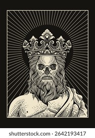 A vintage vector illustration of a crowned skeleton with a beard, draped in robes, radiating light, in an intricate engraved style.