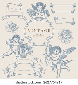 Ilustração vetor vintage com cupidos. Desenhos de linha com fitas, flores e anjos