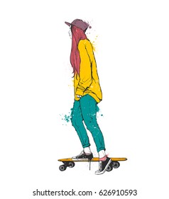 Vintage vector illustration - Cute skater girl in hoodie on longboard