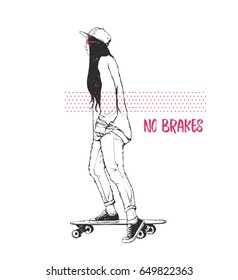 Vintage vector illustration - Cute skater girl in hoodie 