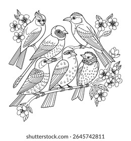 Vintage vector illustration of a cute sparrow on a flowering tree branch, perfect for spring nature designs