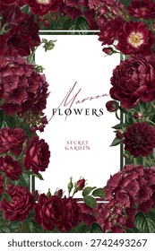 Vintage vector illustration with dark red flowers on a changeable background. Floral design template for wedding invitation, greeting card, notebook cover, flyer or banner.
