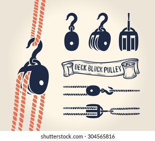 Vintage vector illustration of deck block pulley with rope