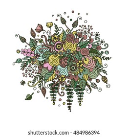 Vintage vector illustration in doodle style. Bouquet from flowers, leaves, spirals, berries and other elements in doodling and zentangl. Abstract invitation card, spring floral background.