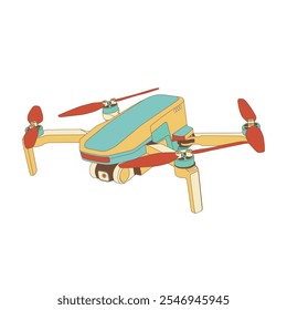 Vintage vector illustration of a drone with retro color palette in teal, mustard yellow, and burnt red tones. Perfect for technology, aviation, or futuristic design concepts.