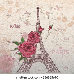 Vintage vector illustration of Eiffel tower on grunge background