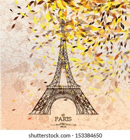 Vintage vector illustration of Eiffel tower on grunge background with autumn leaves