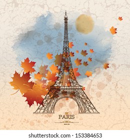 Vintage vector illustration of Eiffel tower on grunge background with autumn leaves