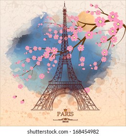 Vintage vector illustration of Eiffel tower on grunge background