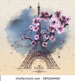 Vintage vector illustration of Eiffel tower with sakura flowers on grunge background