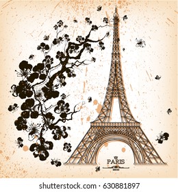 Vintage vector illustration of Eiffel tower