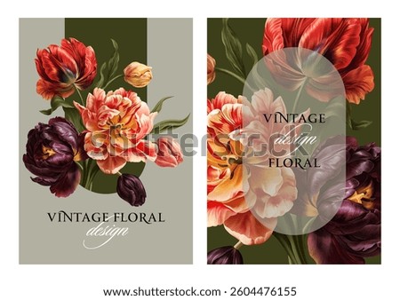 Vintage vector illustration with elegant tulip bouquet on a changeable background. Floral design template for wedding invitation, greeting card, notebook cover, flyer or certificate.