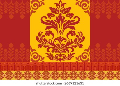 Eine Vintage-Vektorgrafik mit einem eleganten Damast-Muster mit floralen und paisley Motiven. Das Design verwendet eine klassische Farbkombination aus Rot und Gold, ideal für anspruchsvolle Projekte.