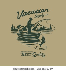 Vintage vector illustration fisherman vacation adventure fishing on river forest nature national park. Retro outdoor apparel design gear supply