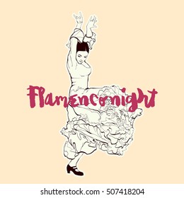 Vintage vector illustration - Flamenco night, spanish girl dances a flamenco