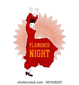 Vintage vector illustration - Flamenco night, spanish girl dances a flamenco