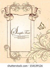 vintage vector illustration with floral elements, butterfly and vintage frame