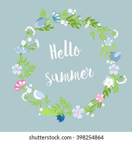 vintage vector illustration with floral elements and hummingbird. summer flower and leaf elements and bird. dots background and floral wreath. you can change the label