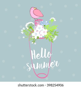 vintage vector illustration with floral elements and hummingbird. summer flower and leaf elements and bird. dots background and bottle. you can change the label