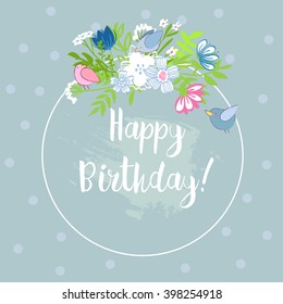 vintage vector illustration with floral elements and hummingbird. summer flower and leaf elements and bird. dots background and floral wreath. you can change the label