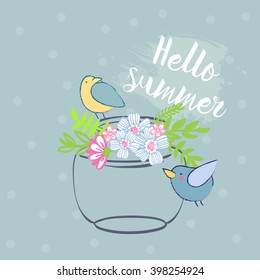 vintage vector illustration with floral elements and hummingbird. summer flower and leaf elements and bird. dots background and bottle. you can change the label