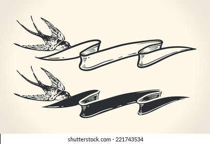 Vintage vector illustration of flying swallow holding ribbon over white background