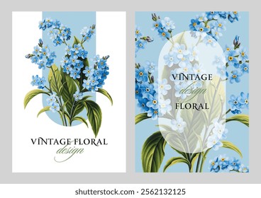 Vintage vector illustration with forget-me-not flowers on a changeable background. Floral design template for wedding invitation, greeting card, notebook cover, flyer or certificate.