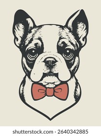 Vintage vector illustration of a French bulldog in a bow tie. Hand-drawn black and white puppy portrait, red bow. Retro dog for card, t-shirts, textile