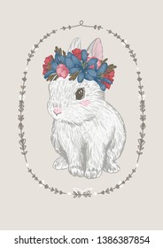 Vintage vector illustration with garden flowers and with a cute rabbit. Hand drawn illustration.