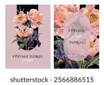 Vintage vector illustration with garden peony and iris flowers bouquet on a changeable background. Floral design template for wedding invitation, greeting card, notebook cover, flyer or certificate.