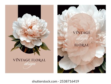 Vintage vector illustration with garden peony flower on a changeable background. Floral design template for wedding invitation, greeting card, notebook cover, flyer or certificate.