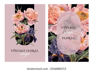 Vintage vector illustration with garden peony and iris flowers bouquet on a changeable background. Floral design template for wedding invitation, greeting card, notebook cover, flyer or certificate.