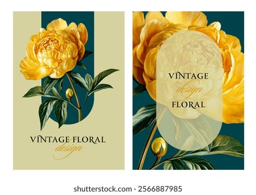 Vintage vector illustration with garden peony flower on a changeable background. Floral design template for wedding invitation, greeting card, notebook cover, flyer or certificate.