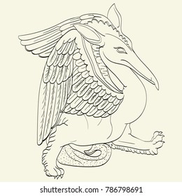 Vintage vector illustration of gargoyle, hand drawn mythological magic beast ,design in medieval style, gothic vector illustration.Old book style.