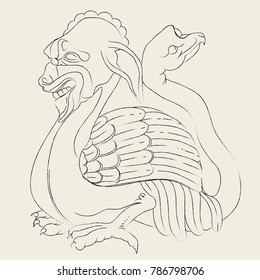 Vintage vector illustration of gargoyle, hand drawn mythological magic beast ,design in medieval style, gothic vector illustration.Old book style.