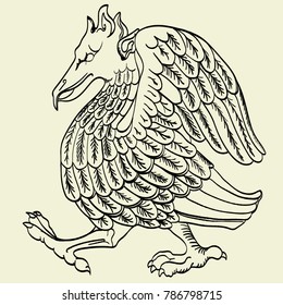 Vintage vector illustration of gargoyle, hand drawn mythological magic beast ,design in medieval style, gothic vector illustration.Old book style.